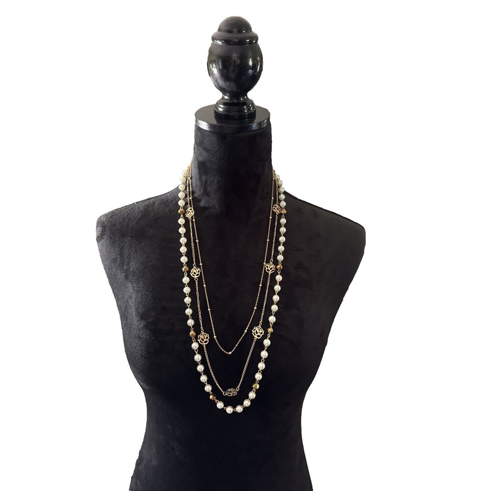 3 Strand Gold-Tone Necklace White Pearls Filigree Rose Beads Design 12" Drop